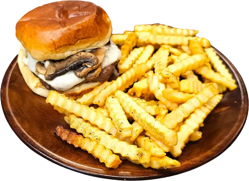 A place with a mushroom Swiss burger and crinkle-cut fries