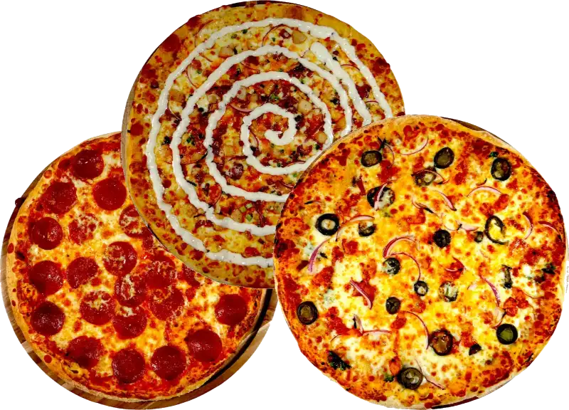 Three pizzas with different toppings
